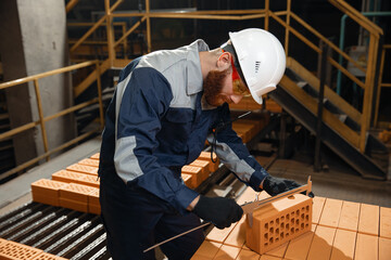 Wall Mural - Man factory worker control conveyor belt with raw brick on production plant ceramic industry