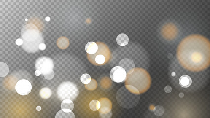 Poster - Festive vibrant bokeh lights. Abstract blurred overlay design. Bright blur light effect. Transparent background. Vector illustration.
