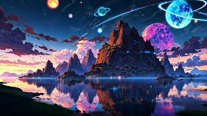 Wall Mural - Video footage of surreal landscape with towering mountains, a reflective lake, and a vibrant sky filled with colorful planets and celestial bodies