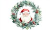 © Elmin - A simple Christmas watercolor painting: a wreath of Christmas trees with a friendly Santa Claus.  The background is white.