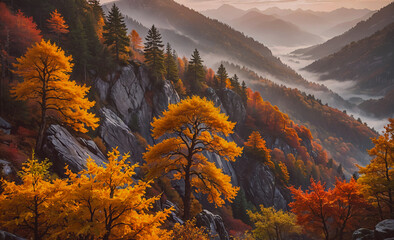 Poster - Mountain range with trees in autumn colors. The trees are orange and yellow. The mountains are covered in trees