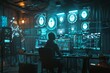 © AHNH2 - Cybersecurity Professional Analyzing Data on Multiple Monitors in a High-Tech Environment with Digital Security Graphics and Futuristic Lighting