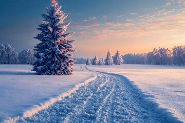 Wall Mural - Snowy winter landscape with frosted trees at dawn