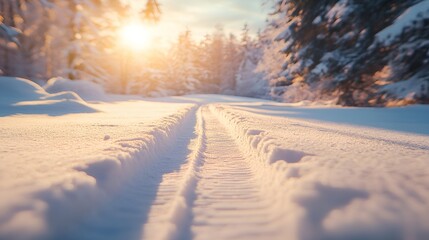 Wall Mural - Snowmobile track leading through snowy forest at sunset in winter