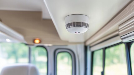 Modern smoke detector mounted on the ceiling of a camper van interior, offering safety and reassurance for travelers on the road in a light and cozy environment