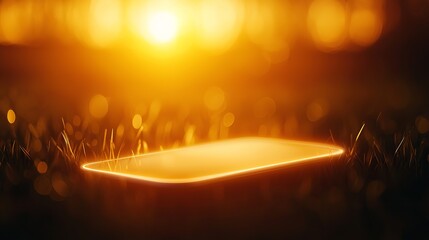 A smartphone illuminated by sunlight lies on the grass, symbolizing the blend of nature and technology.