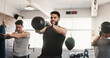 © Coetzee/peopleimages.com - Fitness, kettle bell and men in gym with weights for bodybuilding training, exercise class and intense workout. Sports, serious and people with equipment for muscle strength, health and challenge