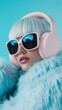 © zayatssv - Close-up portrait of a gorgeous woman with a white and blue bob hairstyle, wearing black sunglasses and pink headphones on her head. She is dressed in an oversized plush outfit