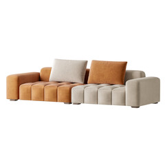 A couch with two pillows, one of which is brown and the other is white