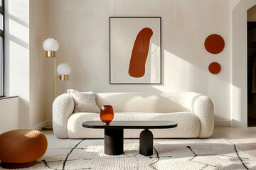 Minimalist, japandi home interior design of modern living room featuring boucle sofa, black modern coffee table, terra cotta accents and contemporary abstract art on beige stucco wall.