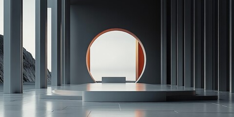 Wall Mural - modern minimalist architecture with circular opening and geometric elements, showcasing a serene coa