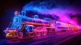 A vibrant neon depiction of a steam locomotive with colorful smoke.