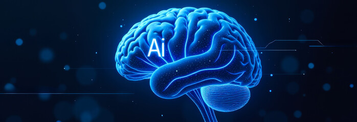 blue brain with AI text in futuristic setting, representing artificial intelligence and technology, technology, data science and innovation web internet businesses