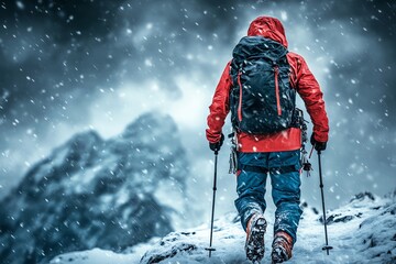 climber ascends snowy mountain in blizzard.