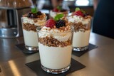 Delicious desserts served in elegant glasses topped with fresh berries and crushed cookies