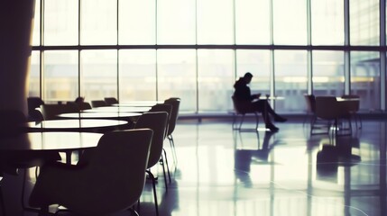 A Solitary figure in modern empty cafe, staring out window with distant look, symbolizing social loneliness and introspection in urban life.	