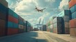 Containers in the shipping yard, shipping port, there's an airplane in the sky 