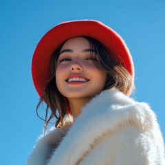 Wall Mural - Beautiful model with hat, female model with delicate makeup on blue sky background