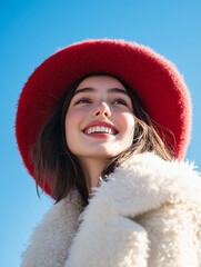 Wall Mural - Beautiful model with hat, female model with delicate makeup on blue sky background