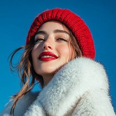 Wall Mural - Beautiful model with hat, female model with delicate makeup on blue sky background