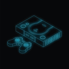 Poster - Blue glowing isometric video game console and controller on a black background