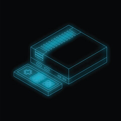 Poster - Neon blue glowing retro game console with controller glowing on black background