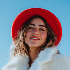 Wall Mural - Beautiful model with hat, female model with delicate makeup on blue sky background