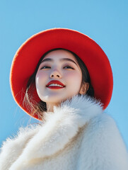 Wall Mural - Beautiful model with hat, female model with delicate makeup on blue sky background