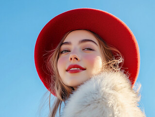 Wall Mural - Beautiful model with hat, female model with delicate makeup on blue sky background