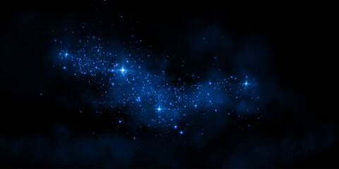 Fantastic smoke background. Magic smoke with glitter and small particles of twinkling stars, fog with luminous particles, blue vapor with stardust. Vector illustration.	