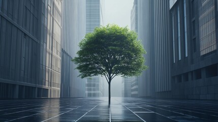 Wall Mural - A tree is standing in the middle of a city street