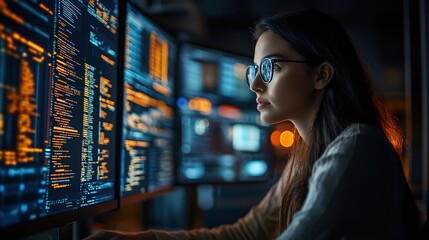 Programming, ai code and woman with focus, hologram and digital software with cyber security, futuristic and website development. Female, coder with data analysis and security, 8k Resolution