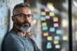 © Odin AI - A bearded man poses confidently with arms crossed in front of a wall covered in colorful sticky notes, symbolizing brainstorming and innovative thought processes.
