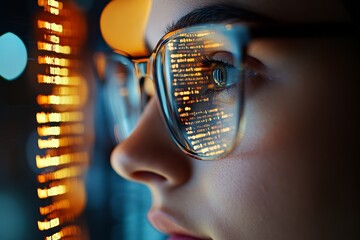 A focused individual wearing glasses studies data on a brightly lit screen in a dim room, reflecting the essence of concentration and technology interaction.