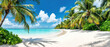 © Jean van der Meulen - A panoramic view of a tropical beach lined with palm trees, pristine white sand, turquoise waters and lush greenery.