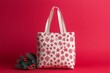 © Татьяна Евдокимова - Christmas tote bag with snowflake patterns standing next to a fir branch with red berries on a red background