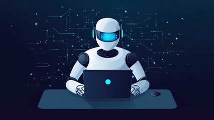 robot operates laptop in a modern workspace for technology and business innovation. generative ai