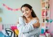 © Running opossum - Smiling teenage girl hugging herself, showing self-love, confidence, and body positivity in her colorful bedroom