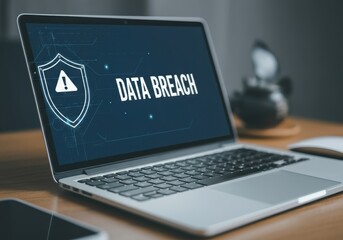 Laptop computer displaying data breach warning, highlighting cyber security threats and vulnerabilities in modern technology