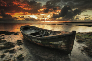 Wall Mural - A weathered wooden boat rests on the shoreline against a dramatic sunset sky, with vibrant orange and red hues reflecting on the water's surface.