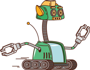 Aufkleber - Cartoon retro groovy robot character on wheels or robotic bot, vector cyber android. Kids funny retro robot or groovy cartoon cyborg with robotic face and gripper hands on caterpillar track wheels