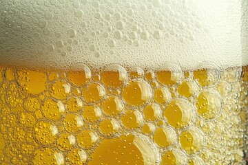 A close-up of a beer glass showcasing golden liquid and bubbles beneath a frothy white head.