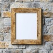 © AImagine Designs - Rustic photo frame mockup concept. Empty wooden frame against a textured stone wall