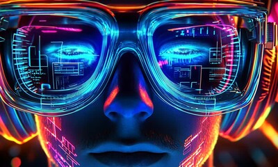 Neon-lit futuristic person wearing headset and glasses with digital interface overlay.