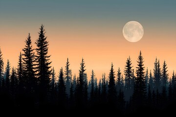 Wall Mural - Calm night in a forest with a bright moon above the trees