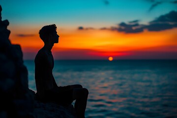 Wall Mural - Silhouette of a person enjoying sunset by the ocean