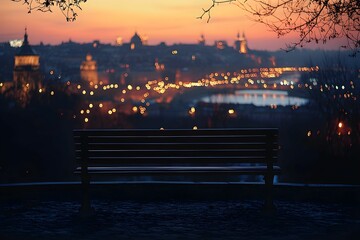 Wall Mural - City skyline at dusk with a bench overlooking lights