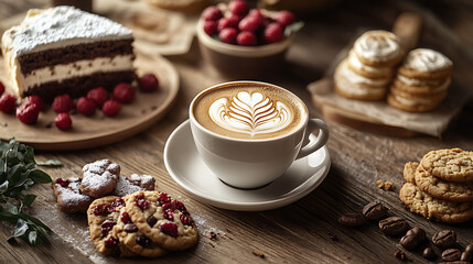 Wall Mural - A beautifully arranged coffee and bakery scene with a latte art coffee cup, a slice of cake, and freshly baked cookies on a rustic wooden table 