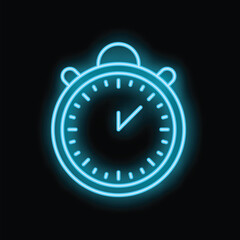 Wall Mural - Blue neon stopwatch icon glowing against a dark background, representing the concept of time