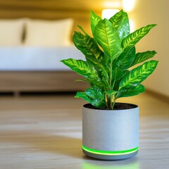 Canvas Print - Indoor plant in modern pot on wood floor.